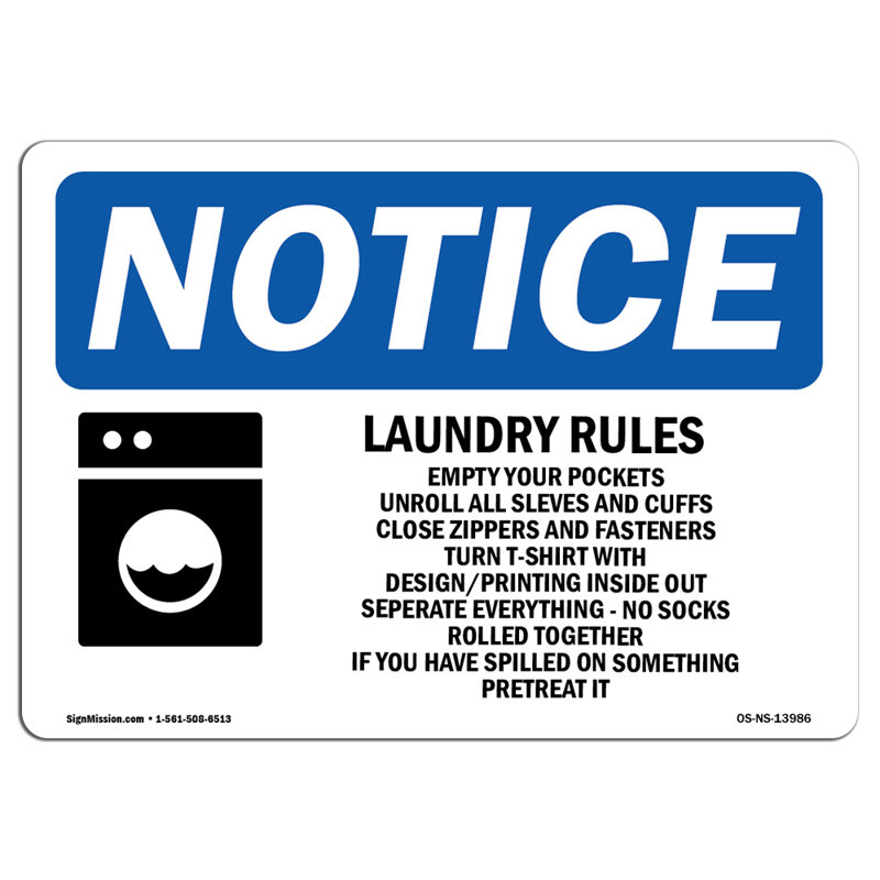 Laundry Rules Empty Your Pockets Plastic Sign 10" X 7"