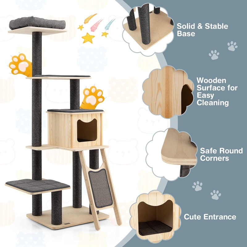 69" Tall Modern Wooden Cat Tree Tower with Sisal Posts