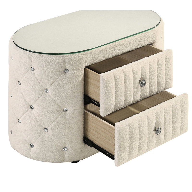 Table de chevet ovale avec 2 tiroirs spacieux, recouverte de tissu Boucl doux, capitonnage à boutons en acrylique et plateau en verre trempé pour le tissu de la chambre à coucher