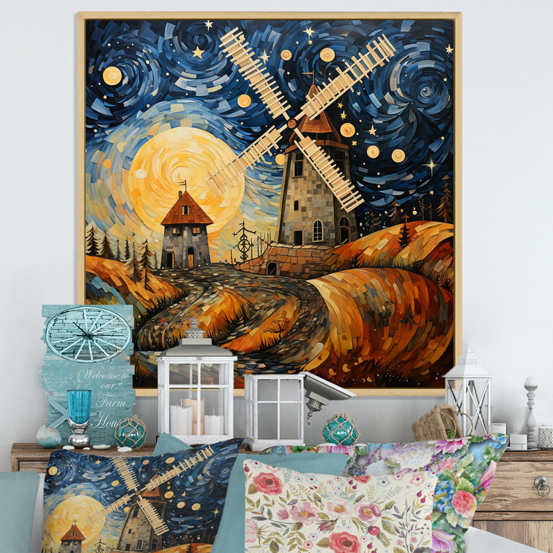 «Countryside Windmillscape At Night 1 - Wind Turbines», art mural, H 16 po x l 16 po x P 1 po, Encadrement doré
