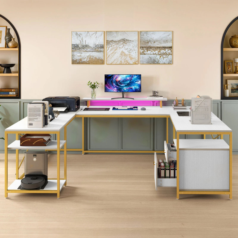  U-Shaped Desk With Power Outlets & LED Lights, Reversible Computer Desk With Storage Drawers & Shelves, White/Gold