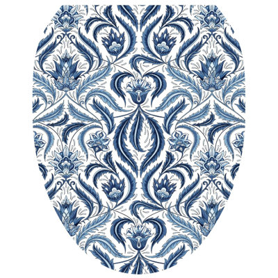 Elegant Blue Damask Toilet Seat Decal – Toilet Tattoos Static Cling Vinyl Lid Cover Fits Round & Elongated Seats