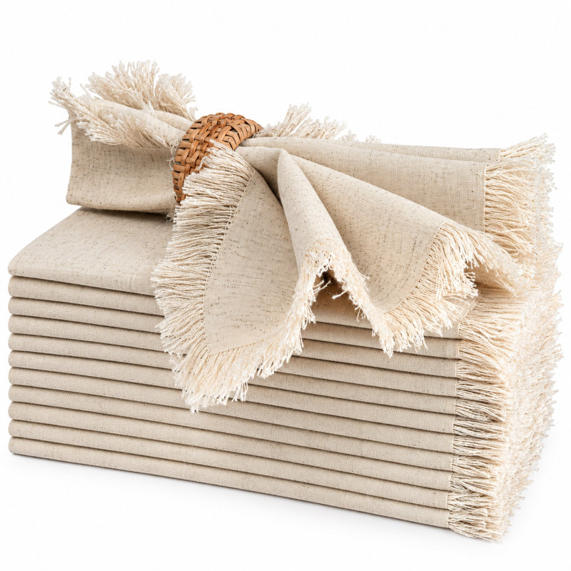 Serviettes en tissu à franges en coton naturel 45 x 45 cm, ensemble de 12