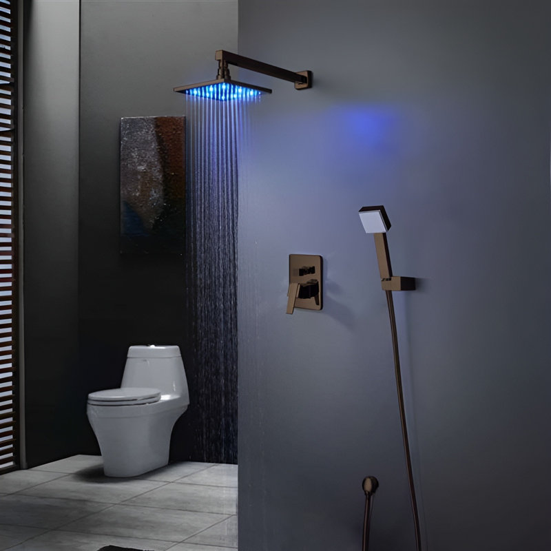 Oil Rubbed Bronze LED Rain Shower System with Handheld and Thermostatic Mixer