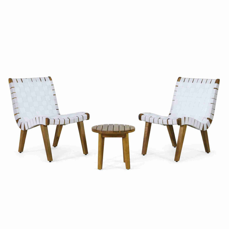 Ensemble de conversation d'extérieur en bois d'acacia et corde 3 pièces, blanc et teck