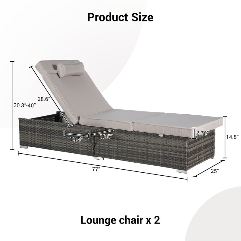 Outdoor Chaise Lounges With Adjustable Backrest And Storage For Outside, Beige Cushion/Gray Frame