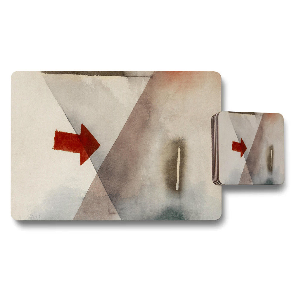 Geometric Watercolor Placemat and Coaster Set with Red Arrow Accent