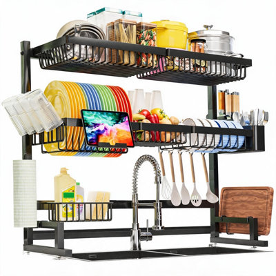 Égouttoir à vaisselle extensible à 2 niveaux avec égouttoir, égouttoir de cuisine à hauteur et longueur réglables