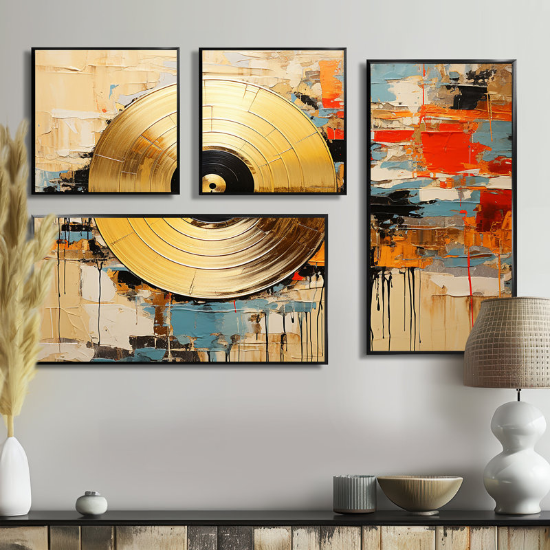 Minimalisme, disques vinyle - art mural sur toile doré 4 pièces, Impression encadrée sans passe-partout, Noir