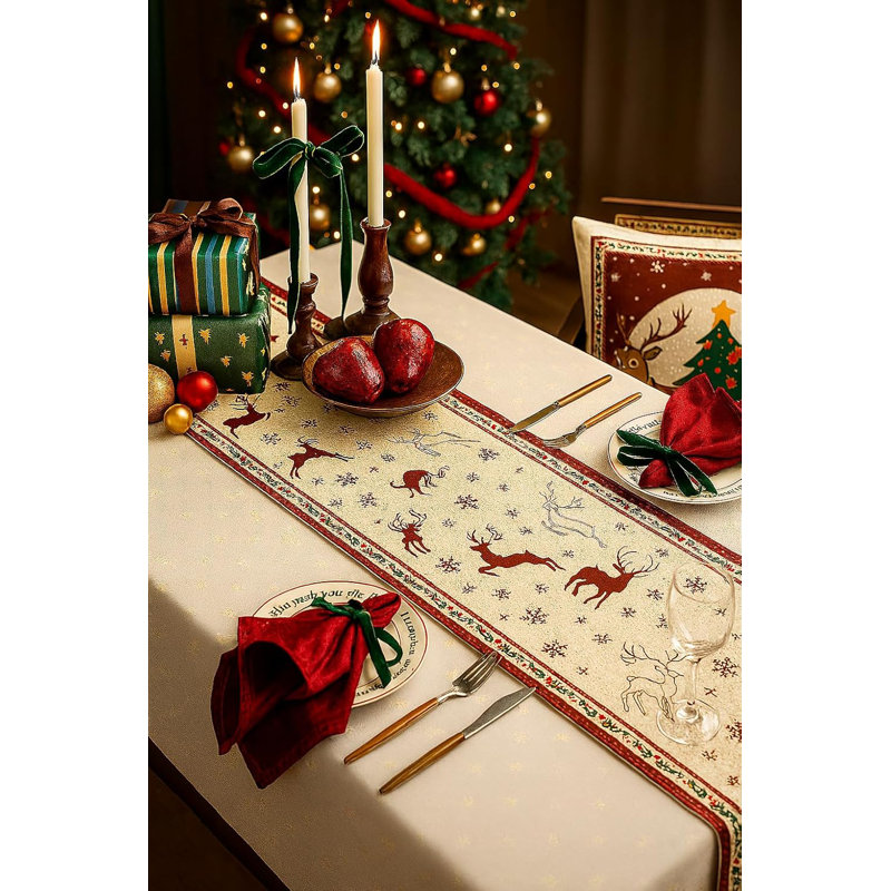 Chemin de table rouge renne et flocon de neige 13 po x 72 po, Rouge