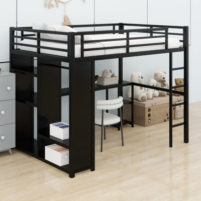 Metal Loft Bed Frame With Built-In Wardrobe, Desk And Storage Shelves