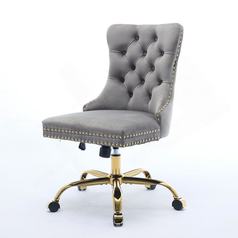 Furniture Office Chair,Modern Velvet Upholstered Tufted Button Home Office Chair With Golden Metal Base,Adjustable Desk Chair Swivel Office Chair (Beige)