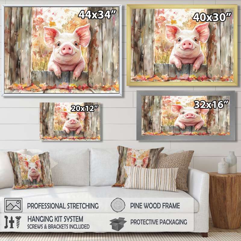 Portrait de cochon à la grange - décoration murale cochon, H 16 po x l 32 po, Cadre simple noir