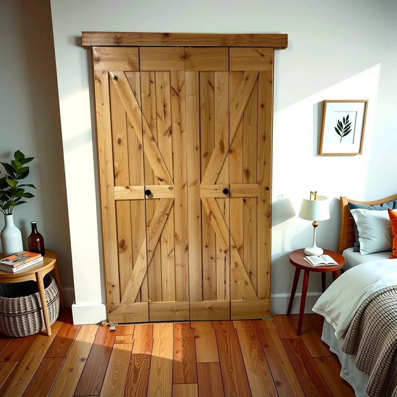 Portes de grange pliantes à double finition en bois d'aulne avec quincaillerie coulissante en bois, 51 po x 84 po