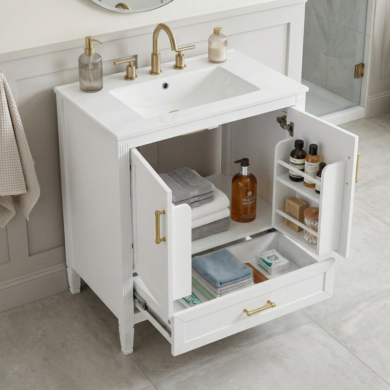 Meuble-lavabo de salle de bain à cannelure classique avec lavabo en céramique Ellsworth, Blanc