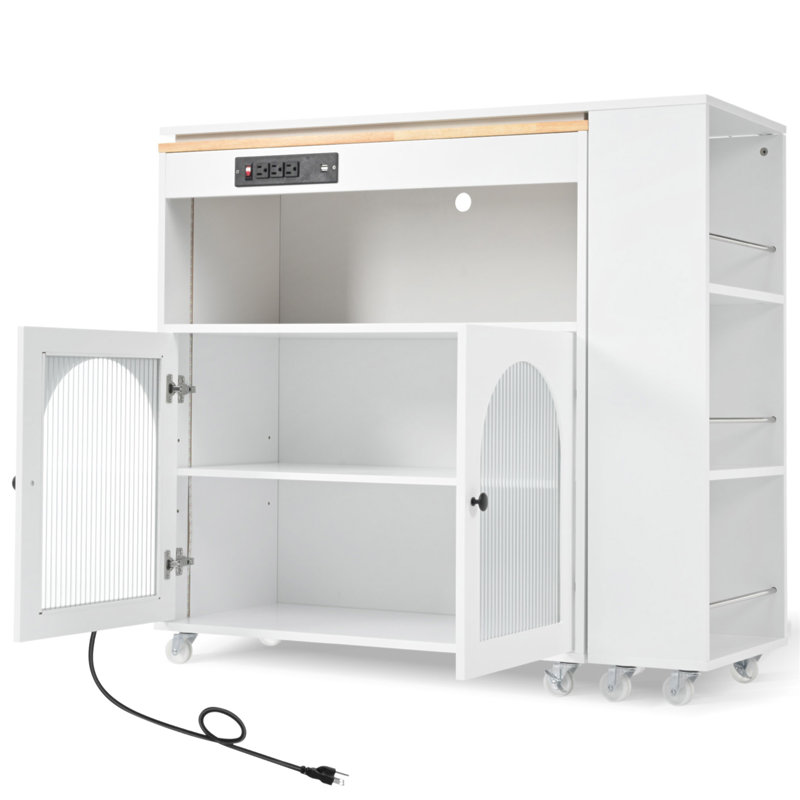 Rolling Kitchen Island With Extended Table, Kitchen Island On Wheels With LED Lights,Power Outlets And 2 Fluted Glass Doors, Kitchen Island With A Storage Compartment And Side 3 Open Shelves