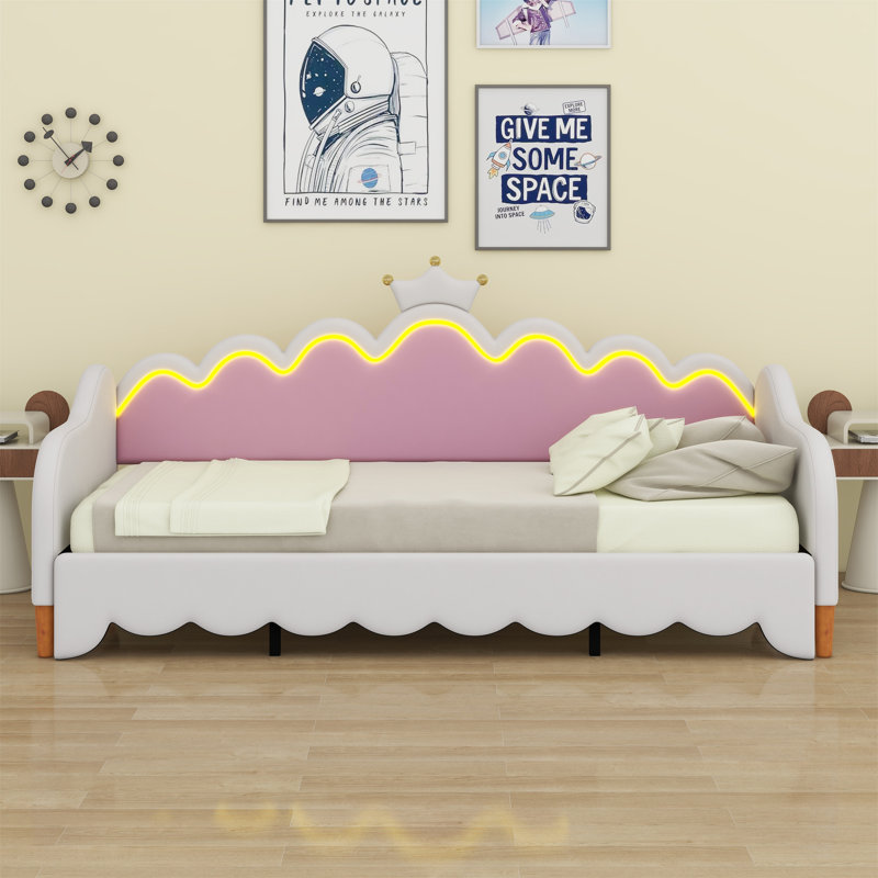 Extending Daybed With LED Lights, Modern Upholstered Daybed With Crown Headboard, White