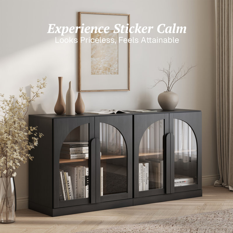 Set of 2 Arched Sideboard Cabinet w/Glass Doors & Shelf, Ebony, Ebony