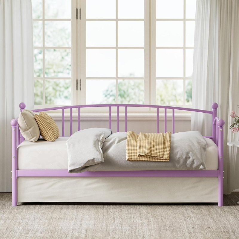 Twin Daybed, Sturdy Metal Day Bed with Steel Slat Support, Arched Headboard Sofa Bed, Purple