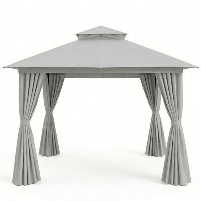 Yardgrace 10 ft. x 10 ft. Soft Top Patio Gazebo with 2-Tier Canopy, Mesh Netting & Privacy Curtains, Gray