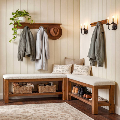 Solid Wood Entryway Bench Set, 55-Inch L-Shaped Shoe Bench with Storage Shelf