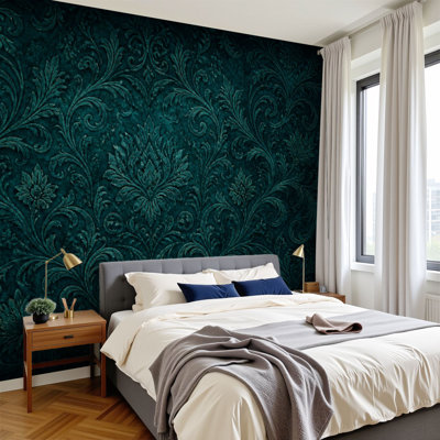Murale auto-adhésive moderne pour la chambre à coucher Peel and Stick L 100 po x l 144 po - avec imprimé victorien bleu sarcelle