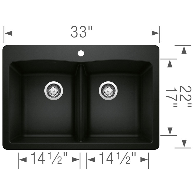 Diamond SILGRANIT 33" 50/50 Double Bowl Dual Mount Kitchen Sink, Coal Black