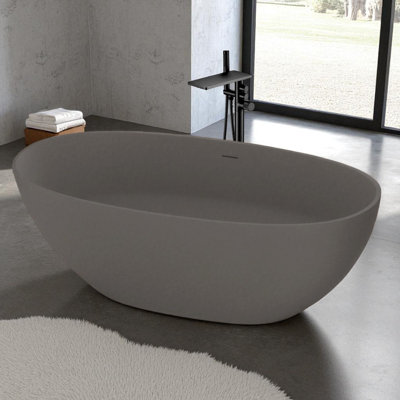 KISRAIS 65"x30" Matte White Solid Surface Freestanding Soaking Bathtub