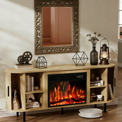 65" Fireplace TV Stand with Sliding Doors, Modern Fluted Media Console