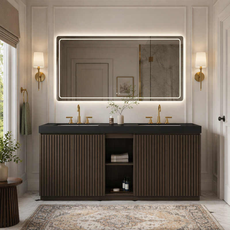 Meuble-lavabo sur pied en chêne fumé 72 po GALAN avec lavabo, grand meuble-lavabo autoportant avec rangement pour salle de bain moderne, lavabo à une pièce en quartz noir sans drain ni robinet, LTL