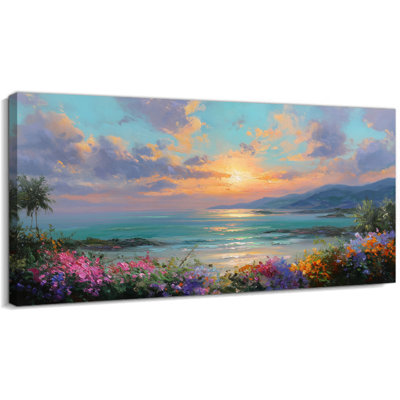  Large Tropical Ocean Sunset Canvas Wall Art, Coastal Beach Wall Decor for Living Room Above Sofa, Vibrant Gallery Wrapped Artwork, Ready to Hang, 24×47 inches