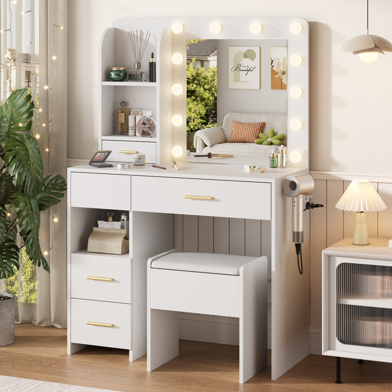 35" Makeup Vanity with LED Mirror and 5 Drawers, White