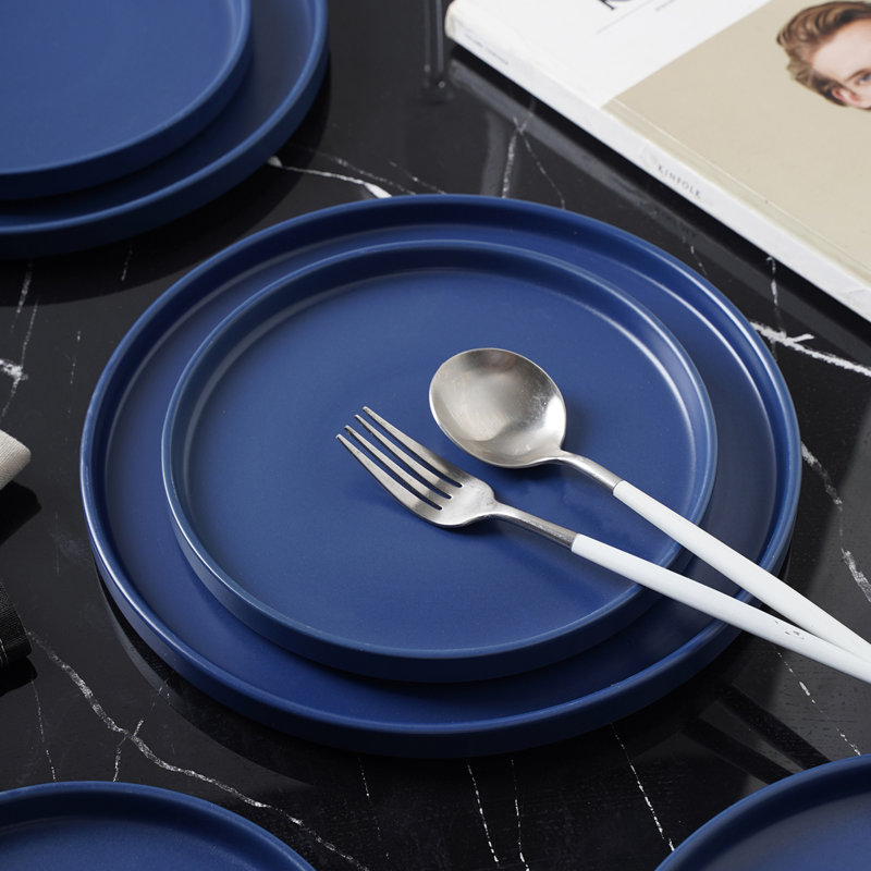 Blue Ceramic 16-Piece Solid Dinnerware Set for 8