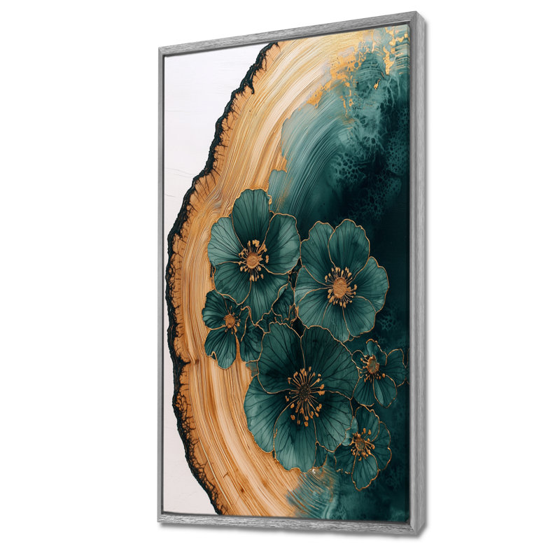 Fleurs vertes vertes sur glissade sur bois - Art sur toile, H 60 po x l 28 po, Impression encadrée flottante, Argent argent