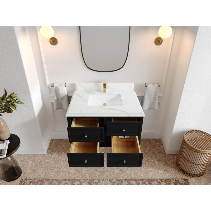 Roswell Floating 36'' Single Bathroom Vanity with Quartz Top, Calacatta Laza