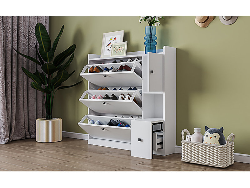 Armoire à chaussures polyvalente à basculement avec 3 tiroirs rabattables, rangement de rangement maximum avec tiroir, étagère à chaussures autoportante avec siège escamotable pour le couloir, blanc, buffet