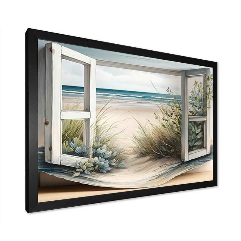 Fenêtre sur la plage V - art mural plage côtière, Cadre simple noir, H 12 po x l 20 po x P 1 po
