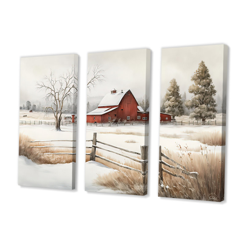 «Red Barn Scenery In Winter VI», ensemble d'art mural sur toile, H 32 po x l 48 po x P 1 po, Toile tendue