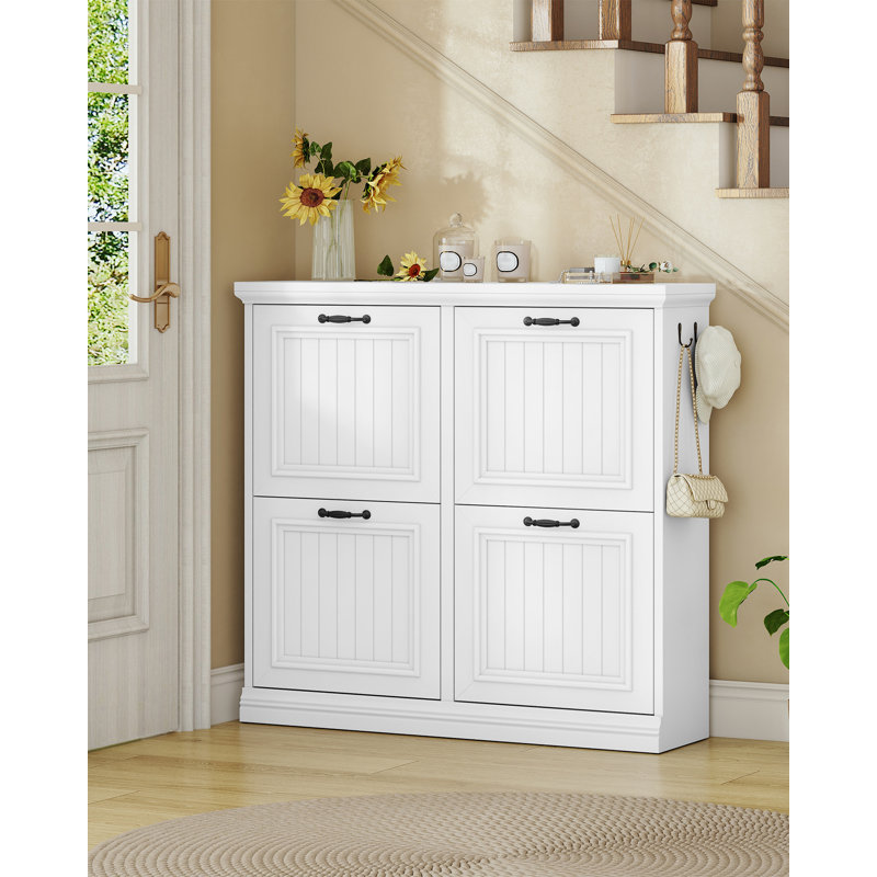 Range-chaussures avec 4 tiroirs rabattables, range-chaussures autoportant en bois avec tablettes réglables, range-chaussures étroit et dissimulé pour le vestibule, blanc, P 10,2 po x l 40,9 po x H 36,4 po