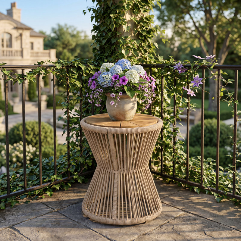 Nara Outdoor Side Table Acacia Wood & Woven Rope, 18.90"Hx16.14"D X 16.14"W, Light Teak Top/Beige Frame