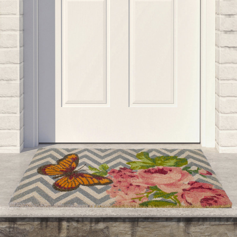 Paillasson Coir Rose avec un papillon à chevrons 18 po x 30 po