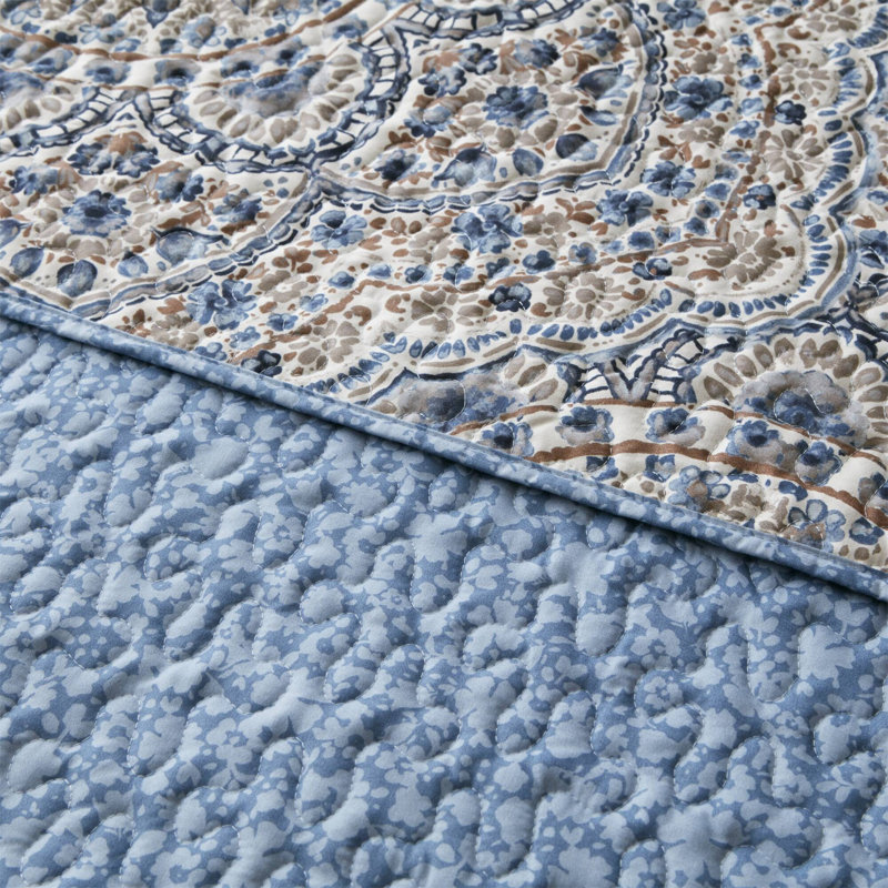 Courtepointe réversible à motif floral 3 pièces, Full/Queen Quilt + 2 Standard Shams, Blue