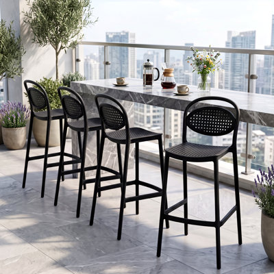 Tabouret de bar empilable de 76 cm (29,9 po), tabouret de comptoir en plastique résistant aux intempéries, sans assemblage, avec dossier et assise imitation rotin pour une utilisation intérieure et extérieure.