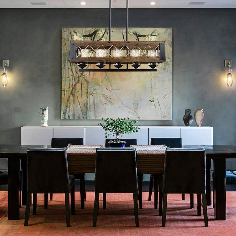 Lustre rectangulaire à 5 lumières avec détails en bois Mcgarry