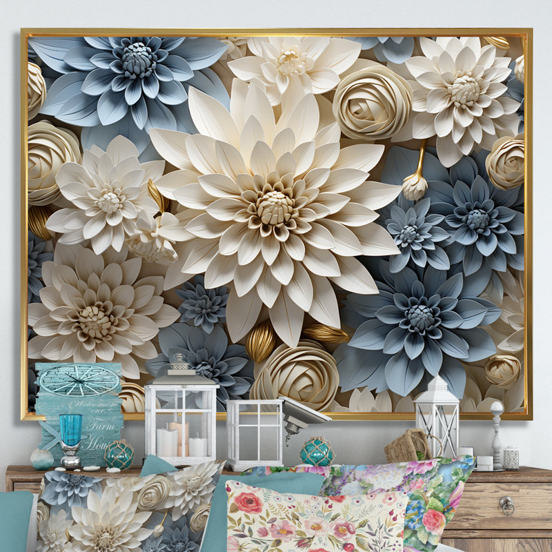 Simplicity Mums Bloom In Beige And Muted Blue II - Mums Wall Art, 34" H x 44" W x 1.5" D, Gold Floater Framed