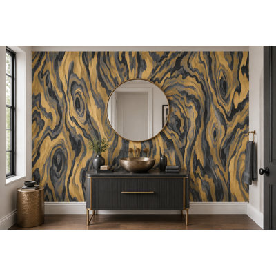 Gold Wood Grain Wallpaper Charcoal Veined Wall Mural