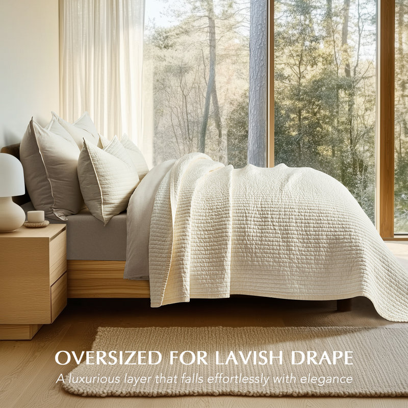 Cotton Sateen Channel Stitch Quilt Set, Queen Quilt + 2 Queen Shams, Ivory White