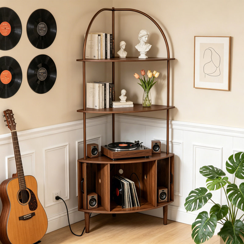 Support pour tourne-disque de coin haut avec rangement, bibliothèque à 4 niveaux avec armoire de rangement incurvée et porte coulissante