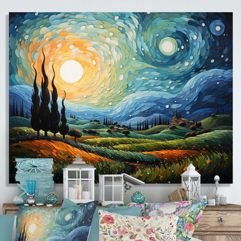 Vangogh The Swaying Cypress II Framed On Canvas by Vincent Van Gogh Painting, 34" H x 44" W x 1.5" D, Wrapped Canvas