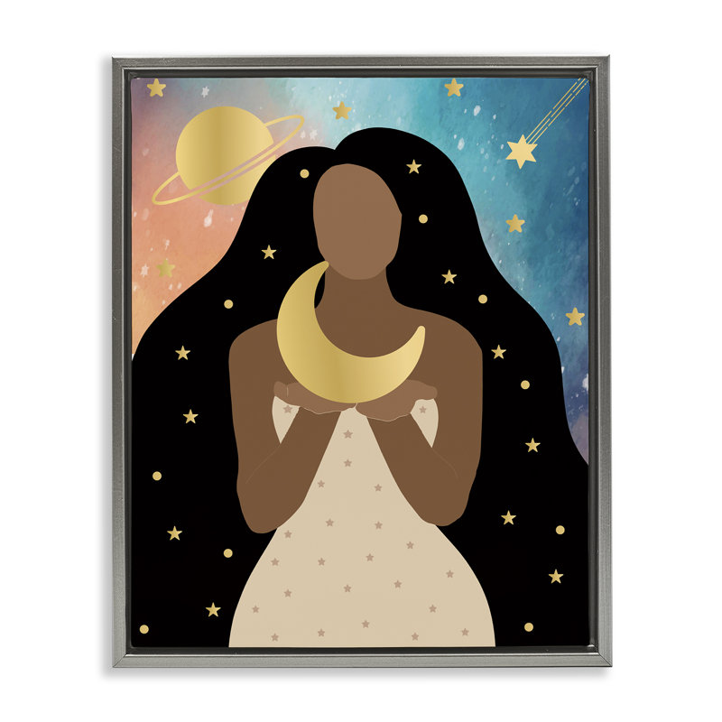 Femme tenant la lune, H 21 po x l 17 po, Cadre flottant gris lustré